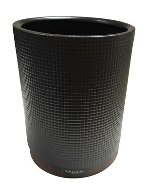 TAHARI CHECKED TEXTURED BLACK CERAMIC,BROWN WOOD BASE TRASH CAN,WASTE BASKET,BIN