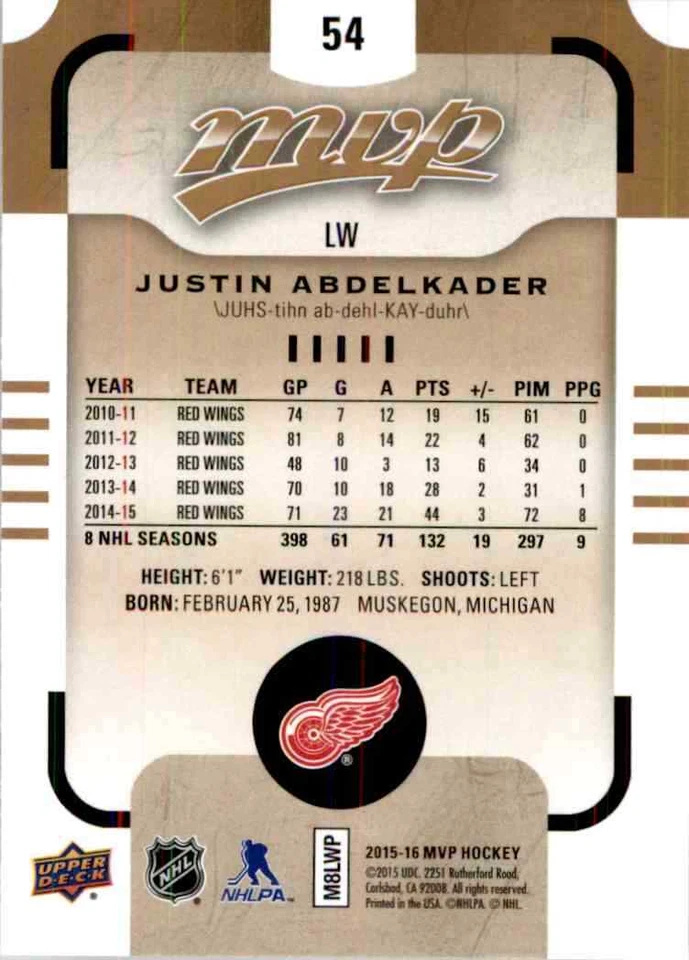 2015-16 Upper Deck MVP Justin Abdelkader #54 - Image 2 of 2