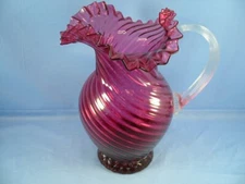 Fenton Cranberry Swirl Ruffled Top 10.5” Pitcher Clear Ribbed Handle, Vintage