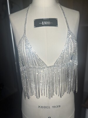 NATASHA Silver Boho Body Chain Crystal Rhinestone Tassel Bra NWT