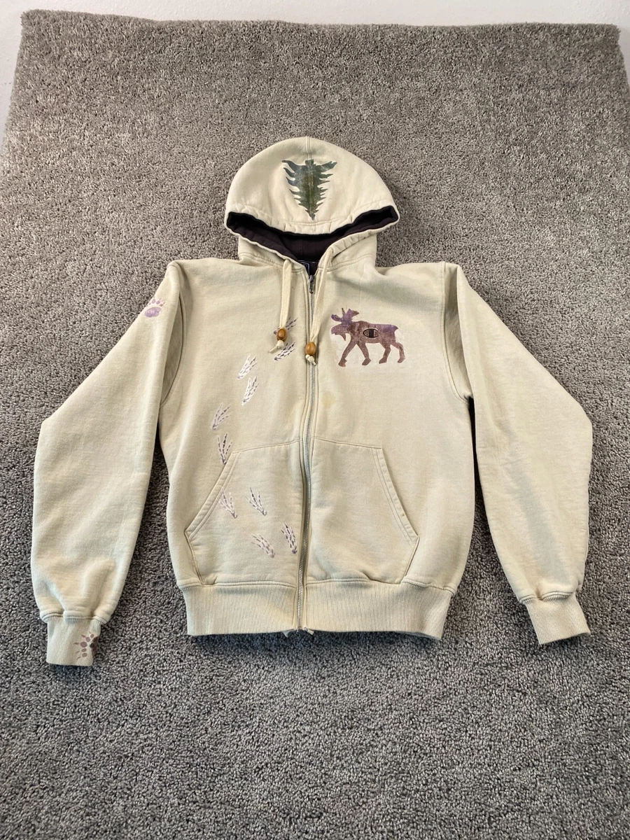 Champion Hoodie Mens Medium Beige Brown Sweatshirt Full Zip Moose