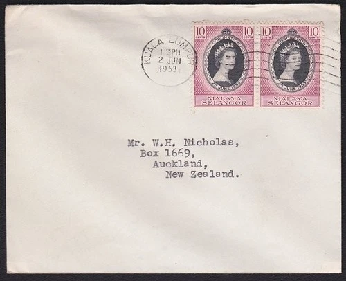 MALAYA SELANGOR 1953 Coronation pair on FDC ex KL to New Zealand...........D6789