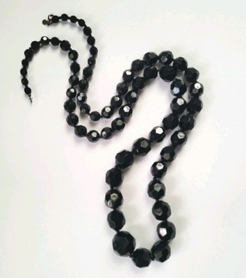 Signed M&S Marks & Spencer UK Long Necklace Black Graduated Faceted Beads 42''