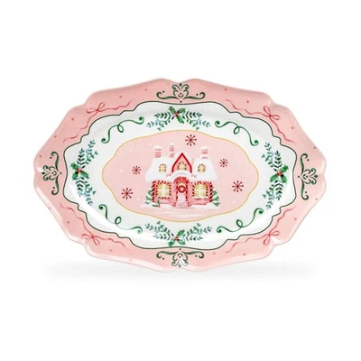 GRACE'S TEAWARE 14.5" Christmas House Pink Serving Platter