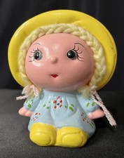 Vintage Midcentury Piggy Bank Girl With Braids And Bonnet With Stopper