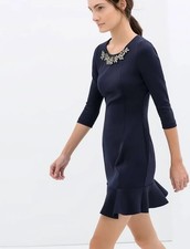 NWT ZARA DRESS WITH APPLIQUÉ ON NECKLINE , COLOR BLUE, SIZE S