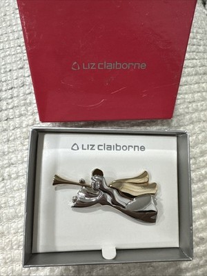 New Liz Claiborne Holiday Winged Angel Horn Music Brooch Pin Silver Gold Tone
