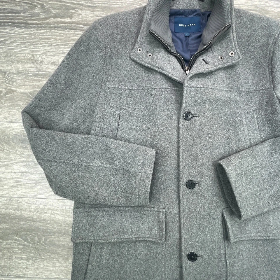 Cole Haan Jacket Mens Large Wool Cashmere Blend Full Zip Button Coat Preppy - Image 3 of 4