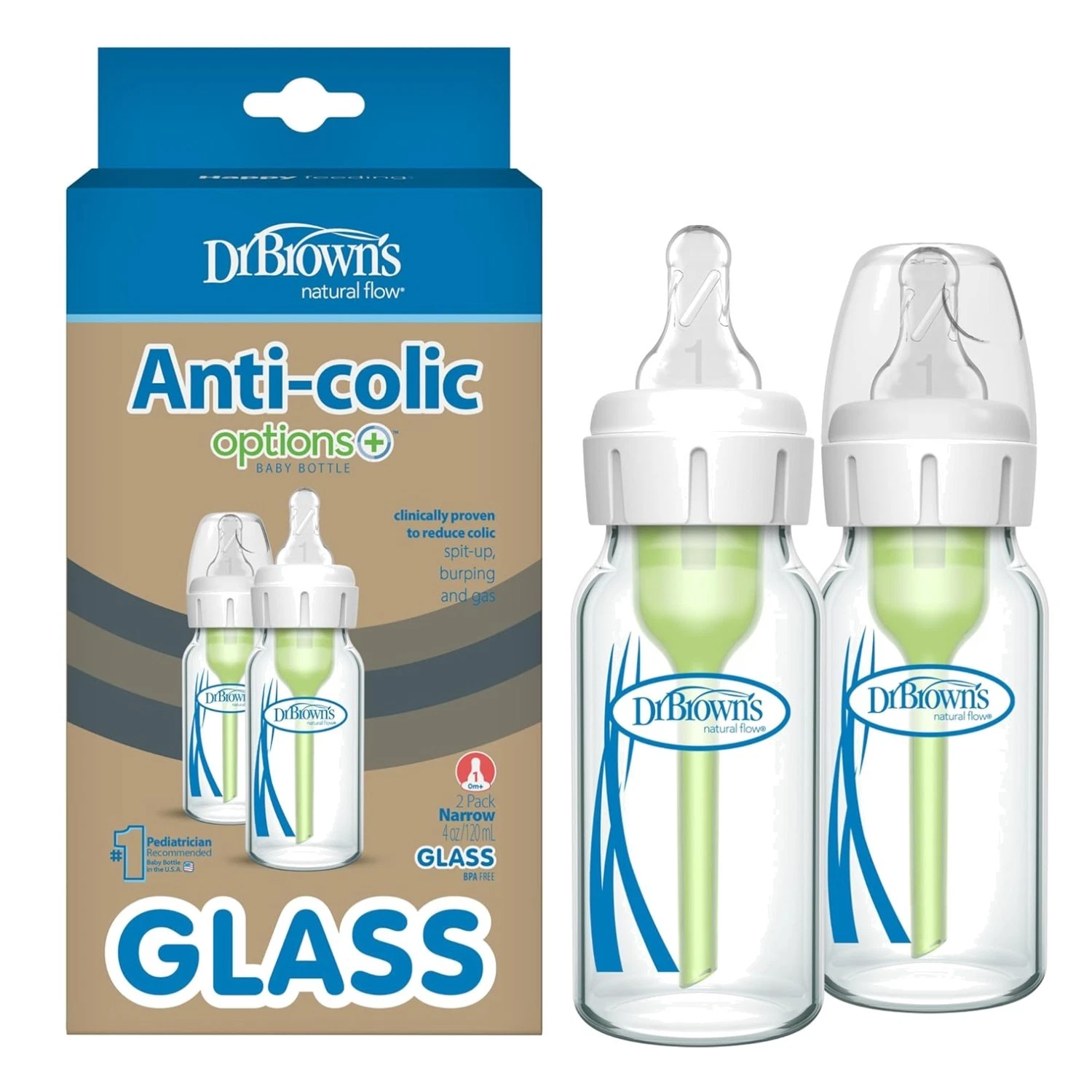 Consistent Flow Natural Glass Baby Bottle, 4oz, 2-Pack