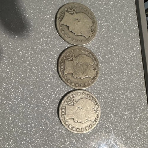 1906 1907 Barber Quarter Silver 25C Circulated US Coins 0.9 Fineness Lot