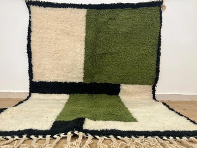 New Moroccan Beni Ourain Berber Wool Color Green, White, Black Design Carpet Rug
