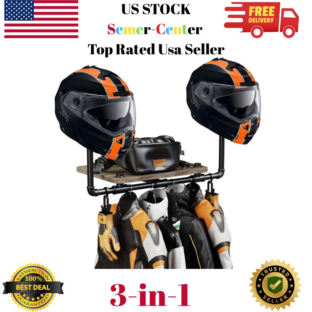 Motorcycle Helmet Holder Wall Mount, 3-In-1 Helmet Stand with 2 Glove Clips, Sol
