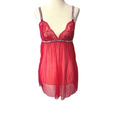 Victoria's Secret Red Lace Rhinestone Logo Strap Mesh Babydoll Slip Medium