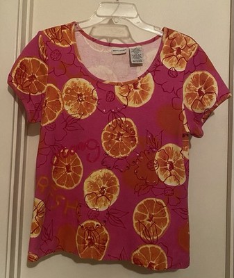 White Stag women's pink short sleeve top featuring citrus and sequins, size L