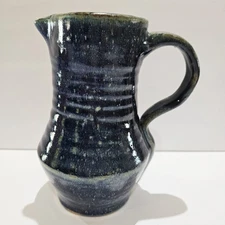 Handmade Studio Art Pottery Blue Ceramic Handled Pitcher Vase Heavy Signed 