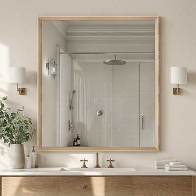 Oak Wood Effect Framed Wall Mirror 36x40 Rectangle Mirror for Bathroom Wall