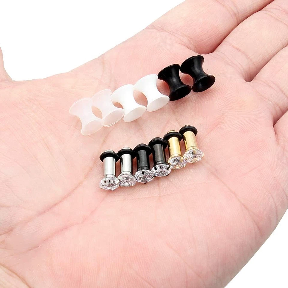 Juego de 6 pares de medidores de oreja flexibles de acero inoxidable y silicona de diamante transparente Foto 3 de 3