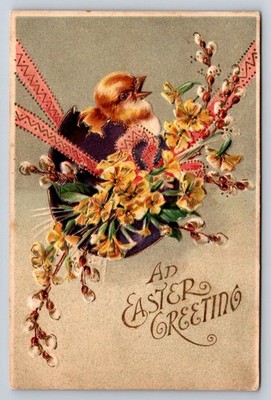 Vintage Easter Postcard Chick Hatching Egg Pussy Willows Embossed 1910s Posted