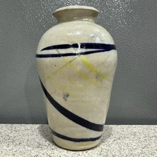 Vintage Studio Pottery Vase 5.75” Signed Blue Yellow Paint Marks VGC
