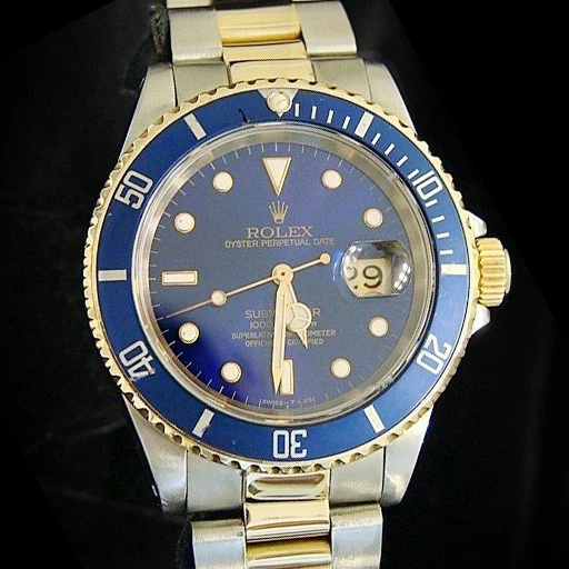 Rolex — Rolex Submariner Date Mens 18k Yellow Gold & Steel Watch Blue Dial Bezel 16613
