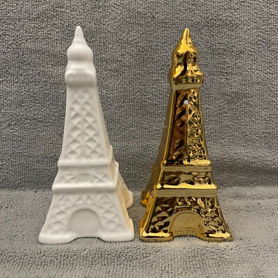 Paris Eiffel Towers Ceramic White/Gold Home Decor Ornaments Set of 2