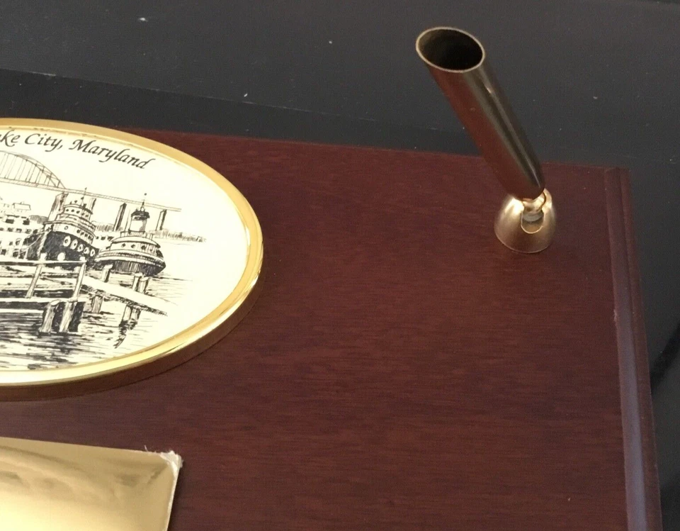 Juego de escritorio de dos bolígrafos Barlow de colección madera celuloide Scrimshaw Maryland placa de latón en blanco Foto 3 de 4