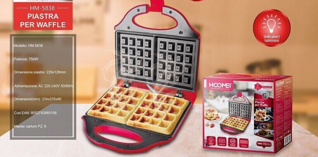 Piastra Elettrica Per Waffle 750W Macchina Per Dolci Casa Cucina Antiaderente