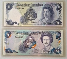 Cayman Island $1 pair. Queen Elizabeth. P5d (1974) & P16b (1996). UNC.