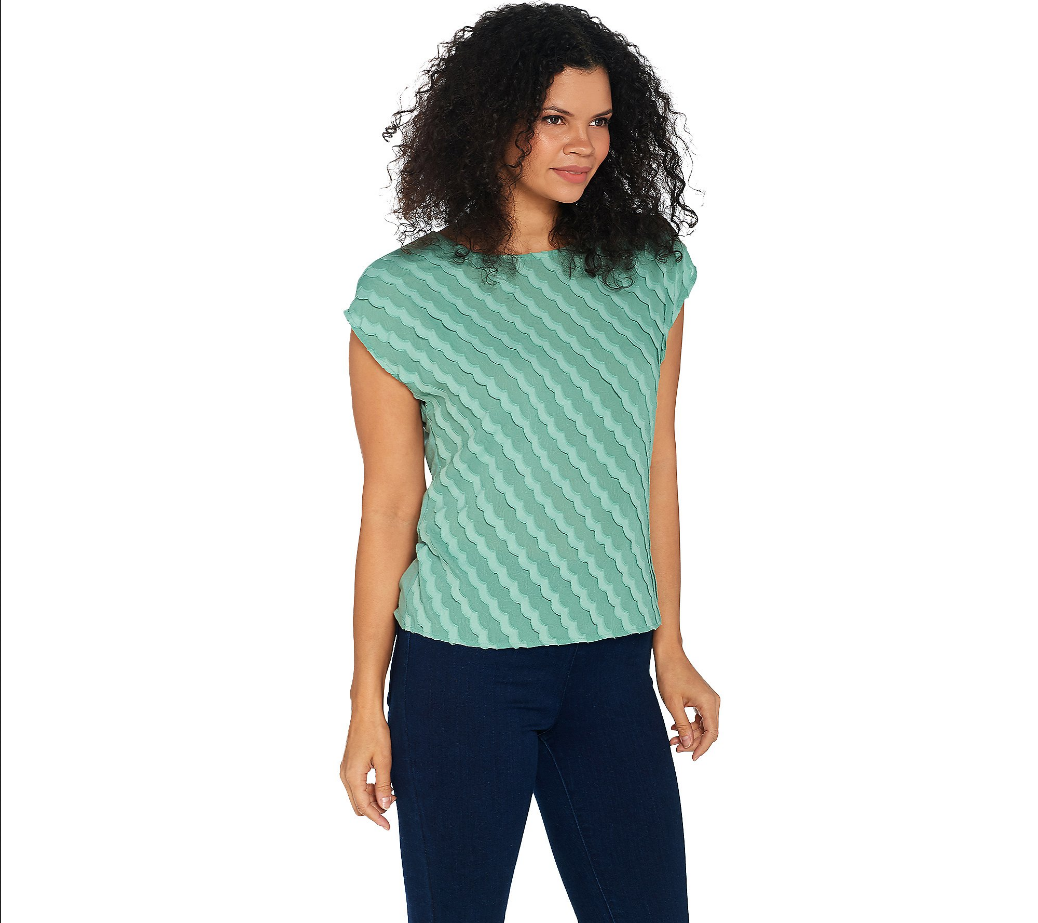 Vince Camuto Cap-Sleeve Clipped Scallop Stripe Blouse-Green Bay