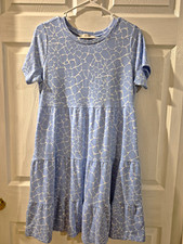 LOFT Women's Blue/White Abstract Knit Tiered A-Line Dress Round Neck M