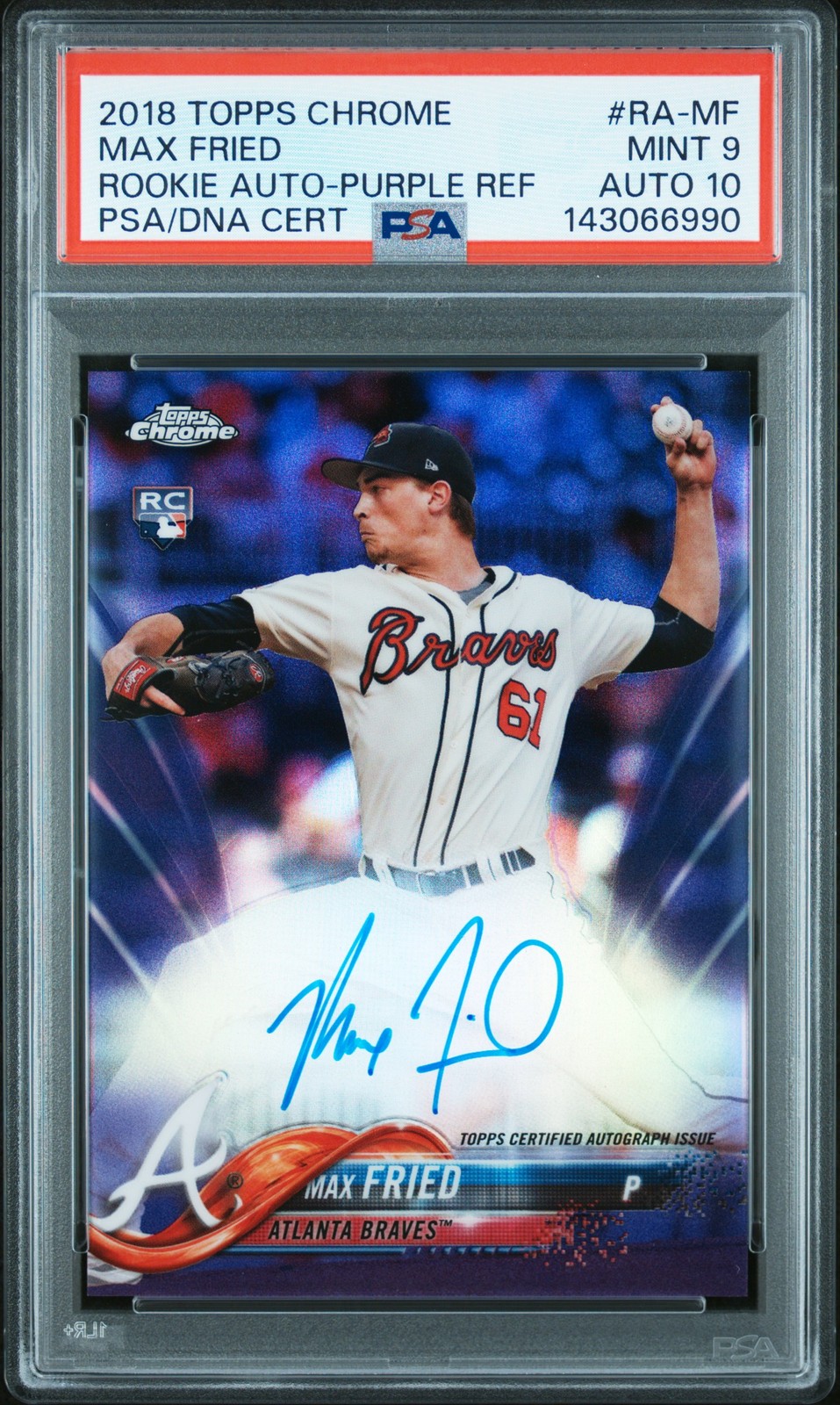 2018 TOPPS CHROME ROOKIE AUTO PURPLE REFRACTOR MAX FRIED 229/250 PSA 9 AUTO 10