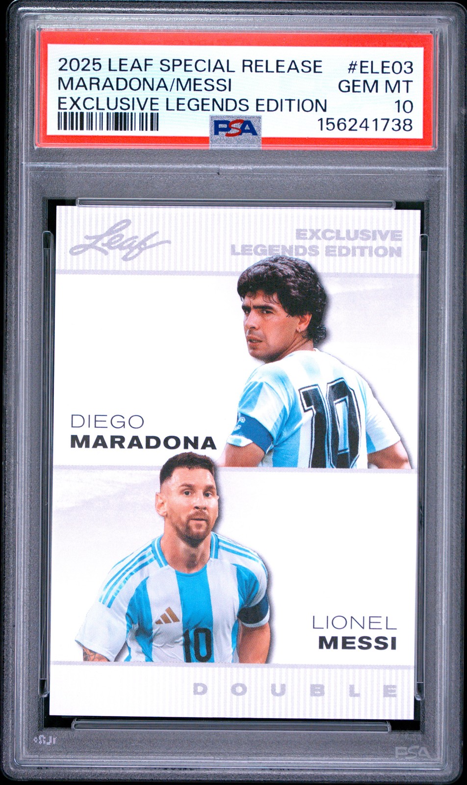 2025 LEAF SPECIAL RELEASE EXCLUSIVE #ELE03 DIEGO MARADONA LIONEL MESSI PSA 10