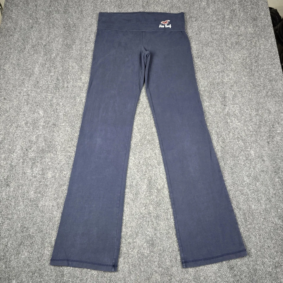 Винтажные женские штаны для йоги Y2K Hollister средней складки на талии расклешенные с синим логотипом - Изображение 2 из 4