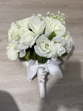 Wedding Bridal Bouquet White Silk Flowers Roses Bride Marriage