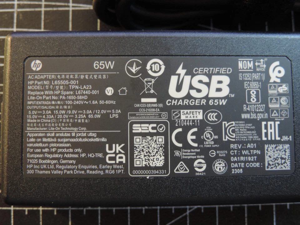 Adaptador de corriente/cargador USB-C genuino HP TPN-LA23 65W PARA HP DELL LENOVO ACER... Foto 2 de 4