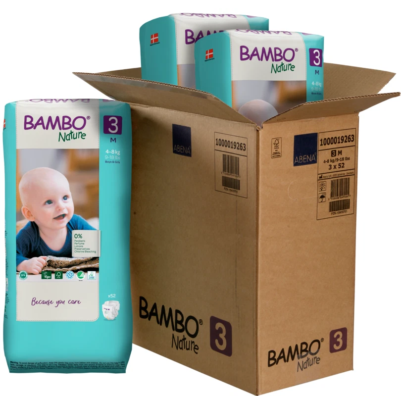 Bambo Nature Nappies, Size 3 (9-18lbs), Pack of 156
