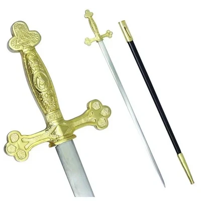 Fellowcraft Blue Lodge Masonic Sword Square Compass Gold Hilt with Case - Image 1 of 3