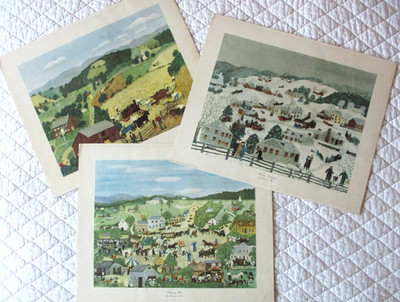 Vintage Grandma Moses Prints 1950's Winter Twilight Thrashers Etc 17x14 NY Lot