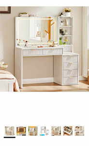 White Vanity Set w/ LED Lighted Rectangular Mirror, 4 Drawers, 2 Shelves