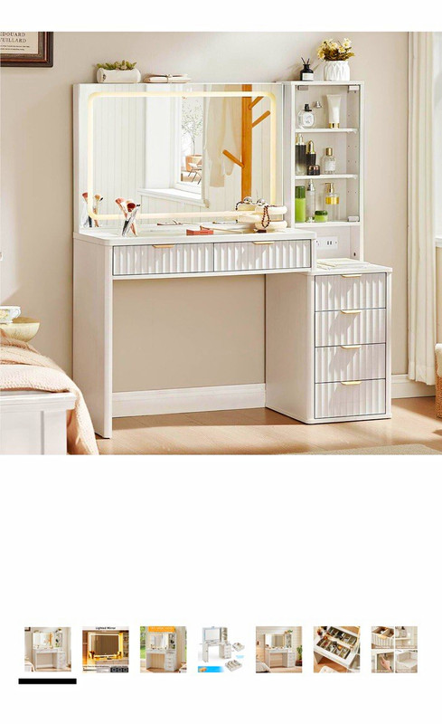 White Vanity Set w/ LED Lighted Rectangular Mirror, 4 Drawers, 2 Shelves