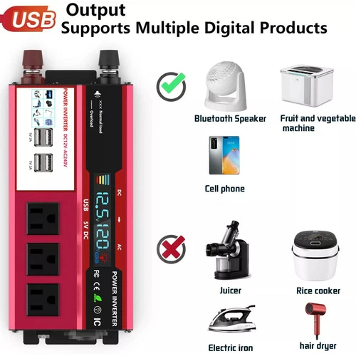 4000W Auto Wechselrichter DC 12V auf AC 110V Reiner Sinus Solar 4 USB Wandler - Bild 12 von 16