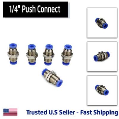 5 Pack, Bulkhead Union Pneumatic Fitting, Push Connect 1/4'' Tube