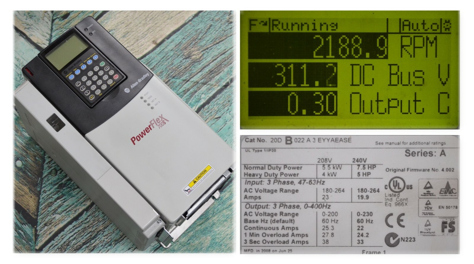 Allen-Bradley 20DB022A3EYYAEASE PowerFlex 700S 7.5 HP 240V Series A FRN 4.002