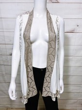 Chico's Womens Open Cardigan Vest Size 2 White  Brown Leaves Sleeveless