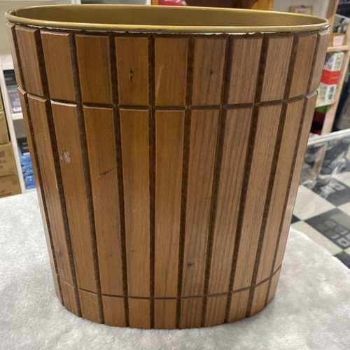 1960s National Products MCM Wood Slat Walnut Aluminium Trash Waste Can