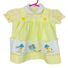 Vintage 70's Yellow White Embroidered Puff Sleeve Infant Summer Dress 12 Months