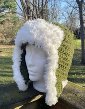 New Handmade Crochet Trapper Style Hat Olive Green W/Fur Trim