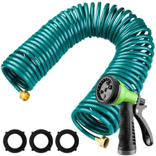 100 Ft x 3/8'' Coil Garden Hose EVA Recoil Garden Self Coiling Expanding Wate...