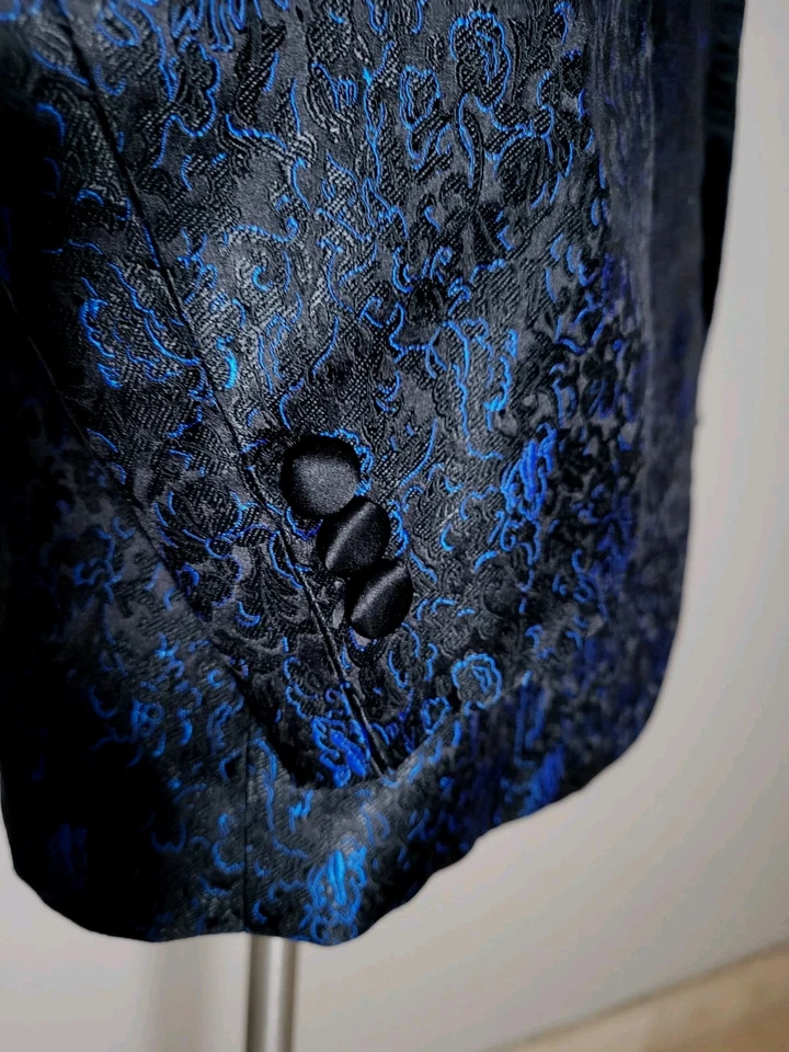Chaqueta Blazer Esmoquin Vintage 40S Negro Azul Floral Tapiz Jacquard Chal Solapa Foto 3 de 4