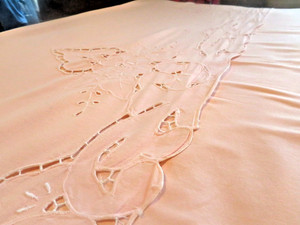 Large Pink Flat Sheet White Floral Embroidery Soft Vintage Cotton